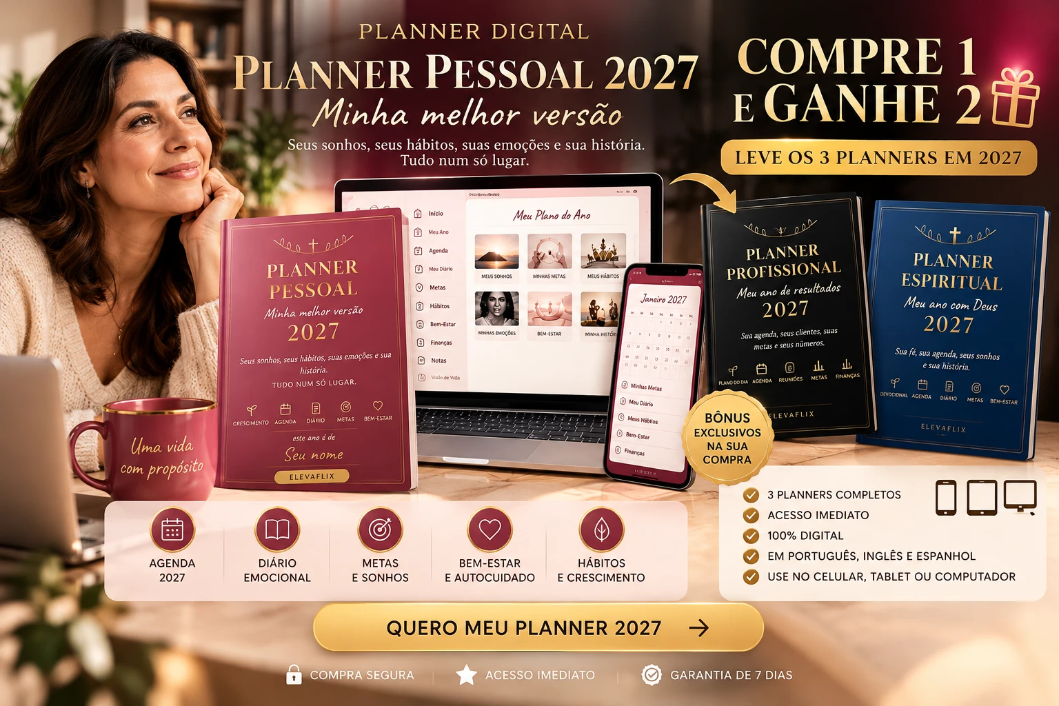 Planner Pessoal 2027 com os bônus Planner Profissional e Planner Espiritual