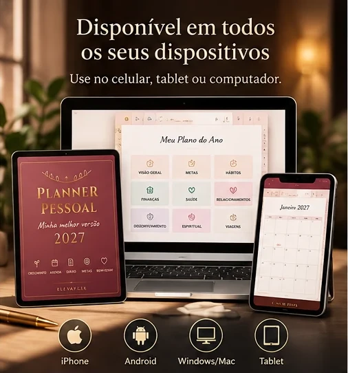 Planner aberto no notebook, no tablet e no celular